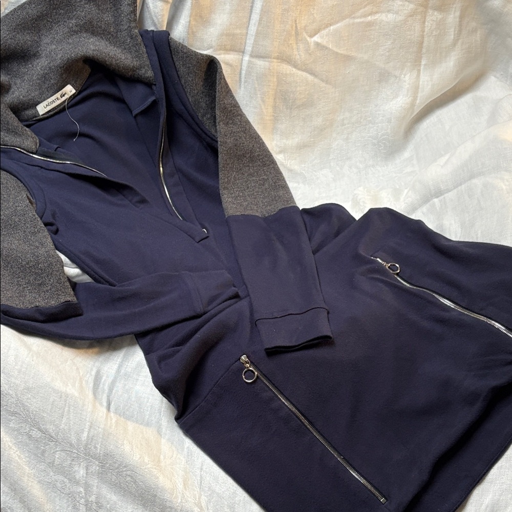 LACOSTE Navy dress Gray woolly accents. Long sleeve zippered hand warming pouch.